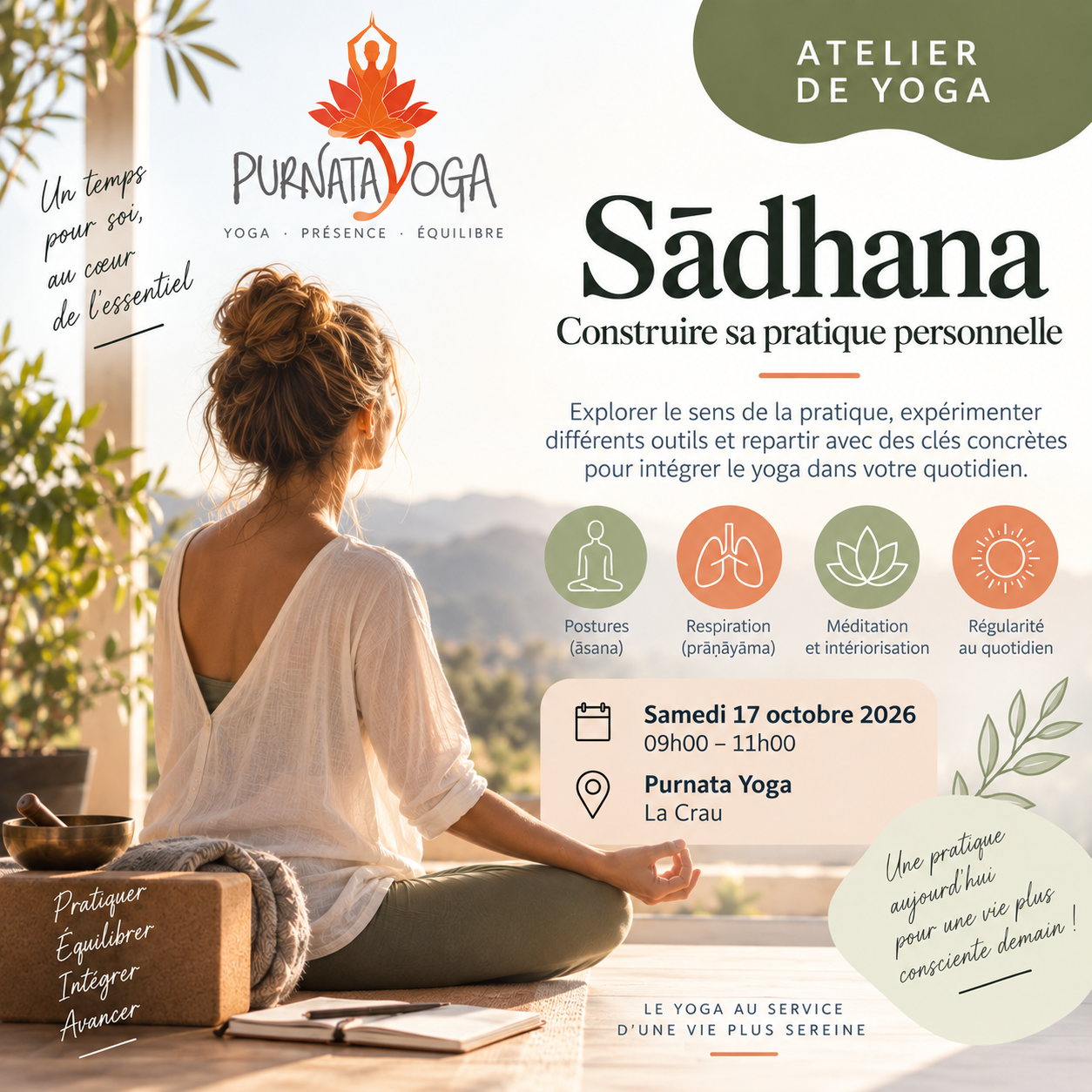 Affiche d’atelier yoga Sādhana cours de yoga à Purnata Yoga, La Crau, Var, PACA, RégionSUD
