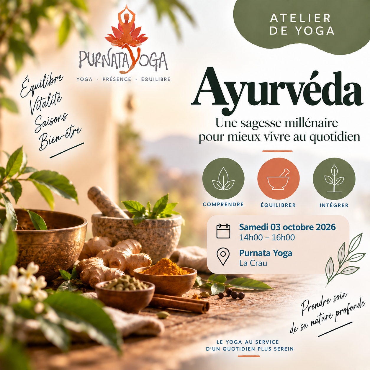 Atelier Ayurvéda à La Crau – Purnata Yoga Atelier Ayurvéda à Purnata Yoga à La Crau – samedi 3 octobre 2026