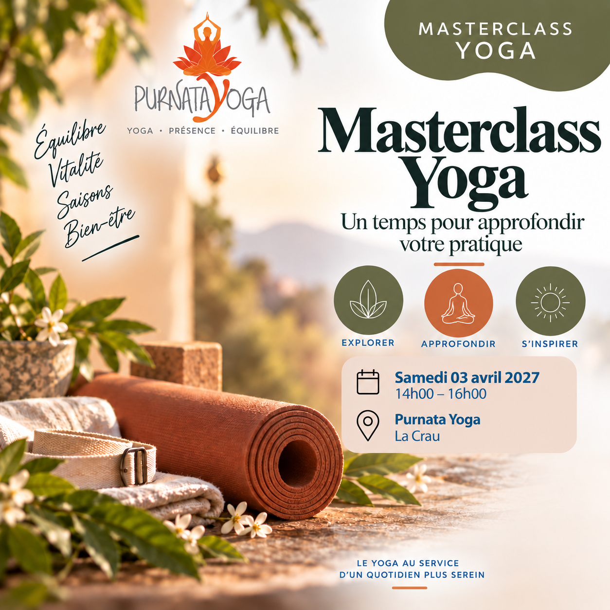 Masterclass Yoga à La Crau – 3 avril 2027 | Purnata Yoga Masterclass Yoga à Purnata Yoga à La Crau – samedi 3 avril 2027 de 14h à 16h