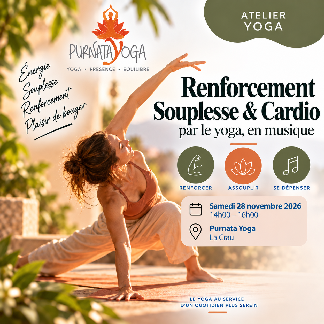 Atelier Yoga – Renforcement, souplesse et cardio en musique | Purnata Yoga Pratiquante de yoga en mouvement illustrant l’atelier de renforcement, souplesse et cardio en musique avec Matthias à Purnata Yoga, La Crau.