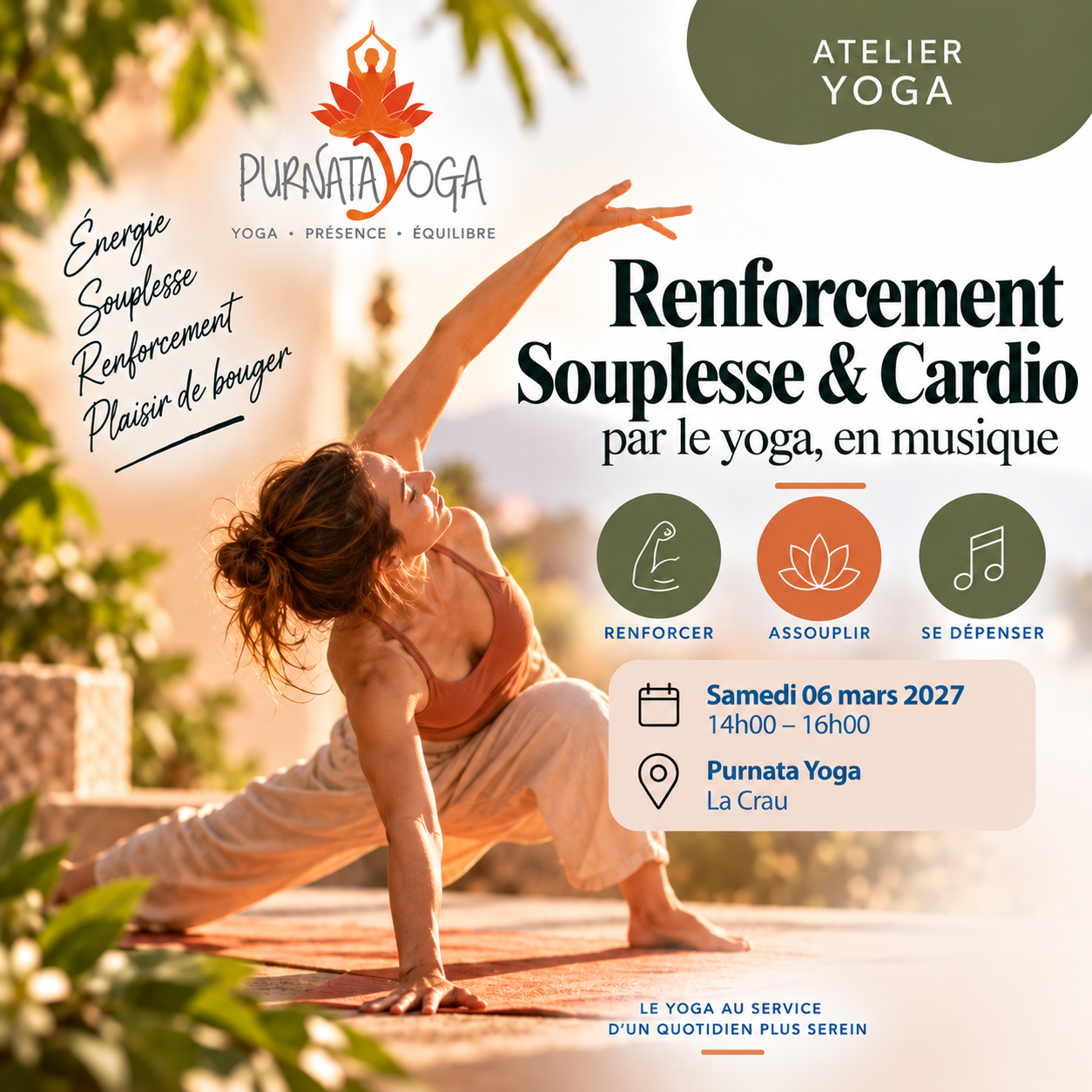 Atelier Yoga – Renforcement, souplesse et cardio en musique | Purnata Yoga Atelier de yoga en musique avec Matthias à Purnata Yoga à La Crau – samedi 6 mars 2027 de 14h à 16h