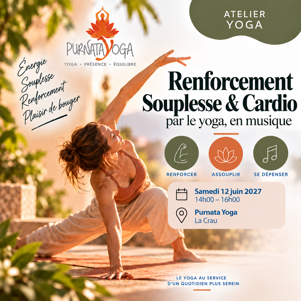 telier Yoga – Renforcement, souplesse et cardio en musique | Purnata Yoga Atelier de yoga en musique avec Matthias à Purnata Yoga à La Crau – samedi 12 juin 2027 de 14h à 16h