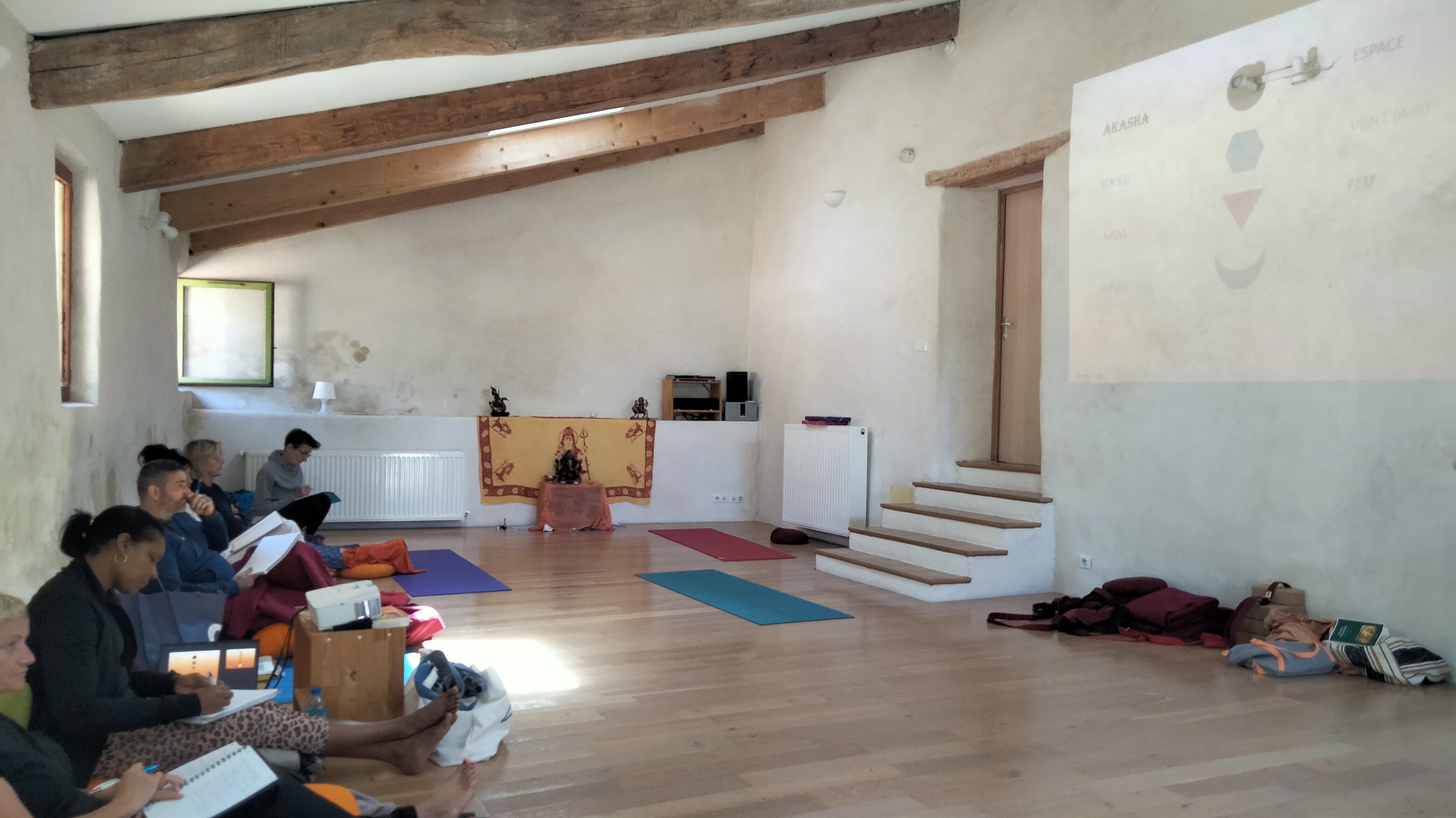 Stagiaires en formation de professeur de yoga étudiant la philosophie du yoga, avec prise de notes et support pédagogique projeté.